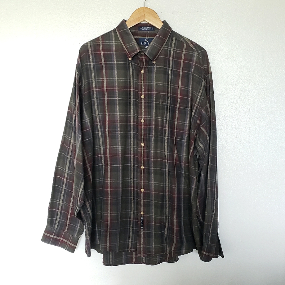 Enro English Twill Long Sleeve Button Down Shirt Size XLT Green‎ Blue Red Plaid